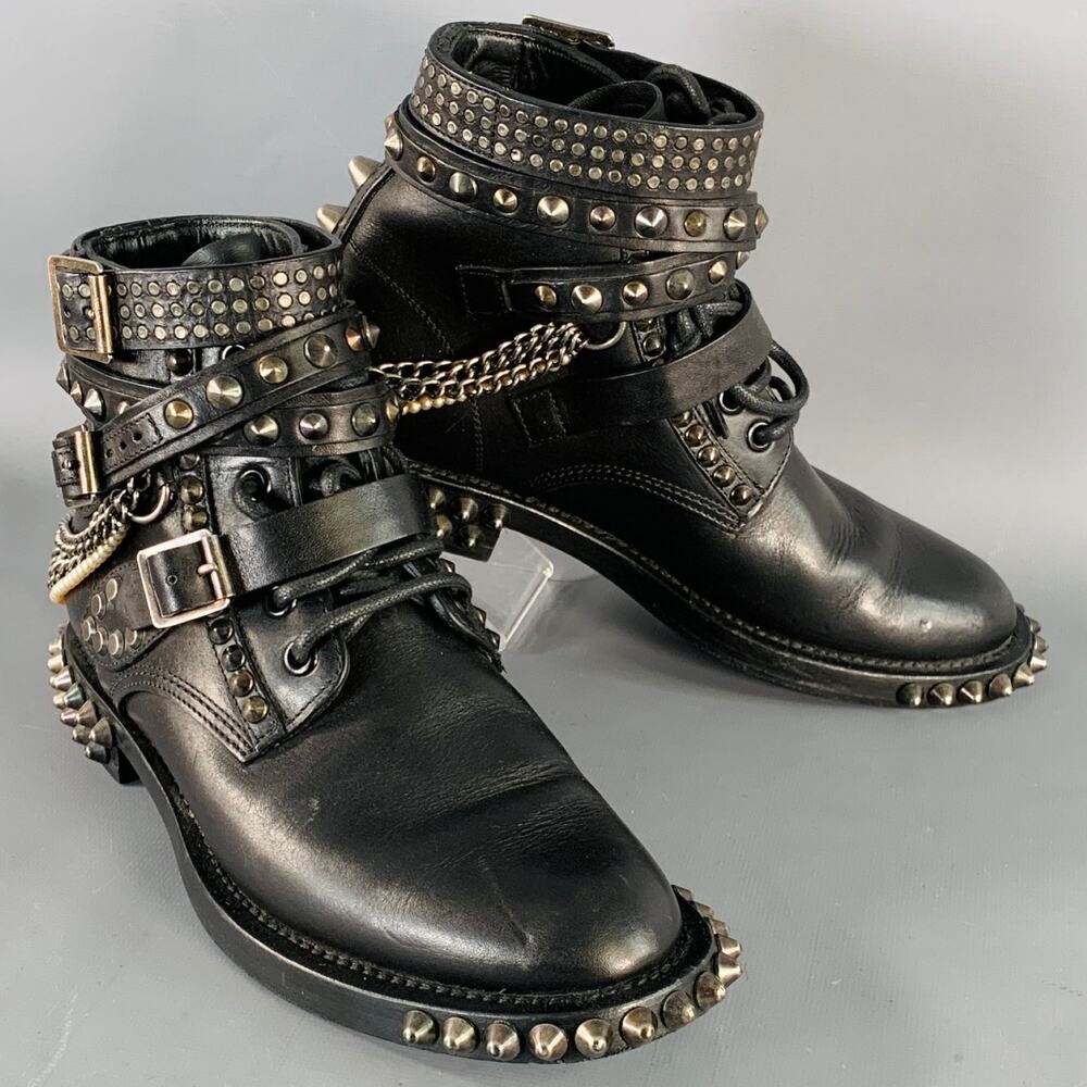SAINT LAURENT Size 6.5 Black Studded Leather Lace-Up Belted Boots